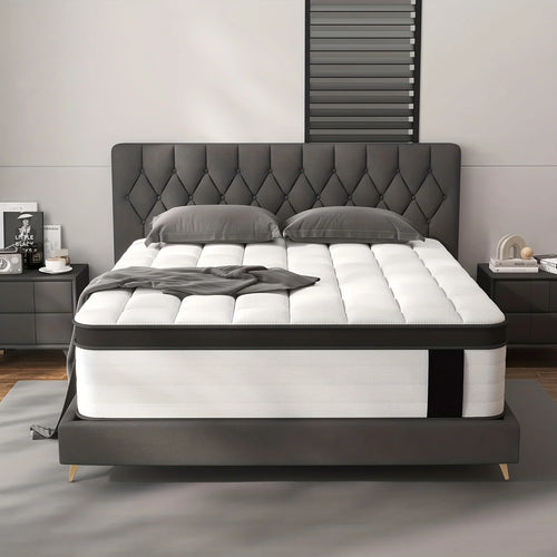 12 Inch Queen/King/Full Size Mattress - Medium Firm Support with Memory Foam & Pocket Springs, Lumbar Support, Plush Top Layer, Boxed Design, No Electricity/Battery-Free, Fire-Resistant Polyester Cover, Ideal for Home & Hotel