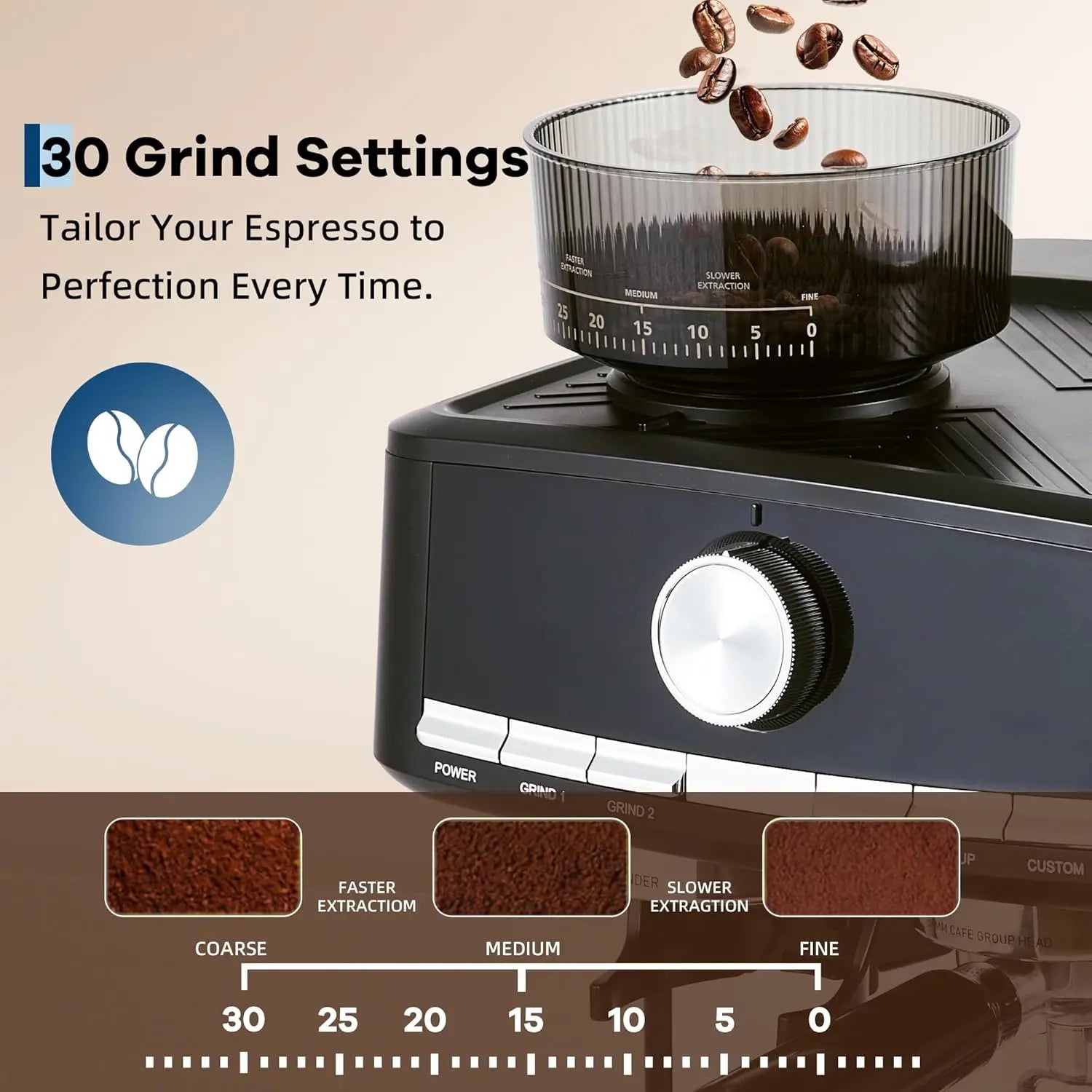 20 Bar Espresso Coffee Machine with Built-in Grinder, Stainless Steel, 1.5L Detachable Water Reservoir, Milk Frother Steam Wand
