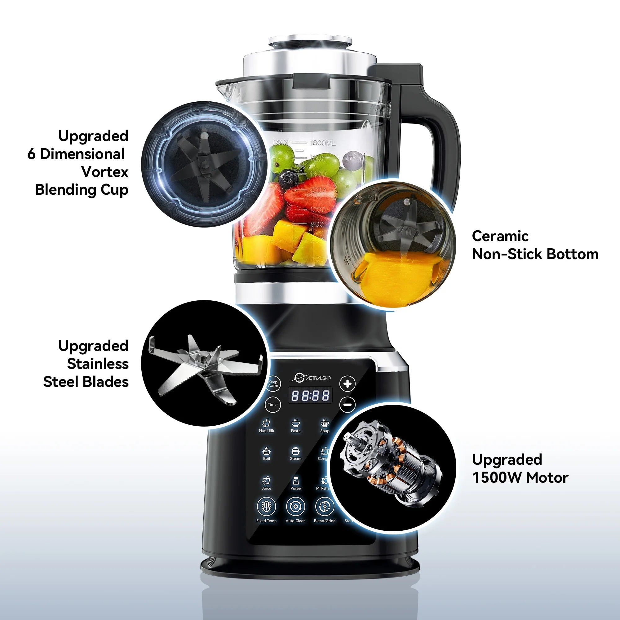 Glass Blenders for Kitchen with Tamper, 59oz, 1500W High Speed Food Processor, 14 Presets & Auto Clean Countertop Blender
