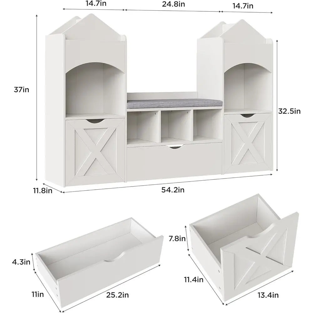 Children's Bookshelf with Reading Nook, Storage Organizer, Seat Cushion, LED Lights, and 3 Moveable Desks, Castle-Style for Play