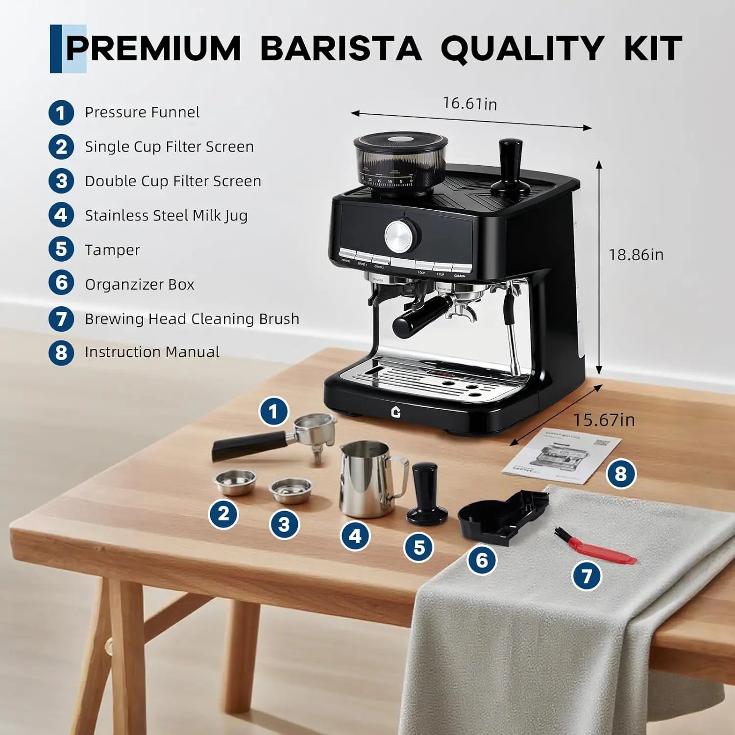 20 Bar Espresso Coffee Machine with Built-in Grinder, Stainless Steel, 1.5L Detachable Water Reservoir, Milk Frother Steam Wand