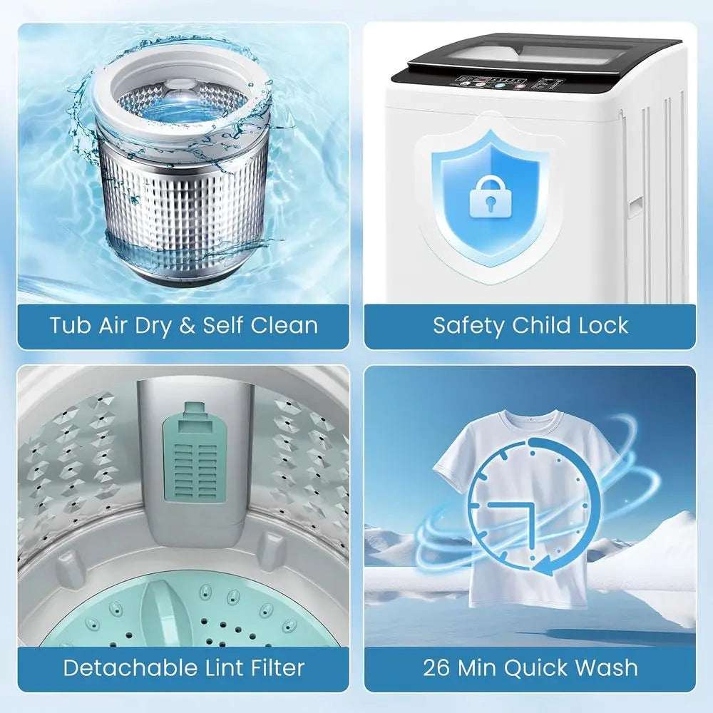 3.0 Cu. Ft. Fully Automatic Washer with Drain Pump, 12 Programs, 8 Water Levels, Large Laundry Combo for Home