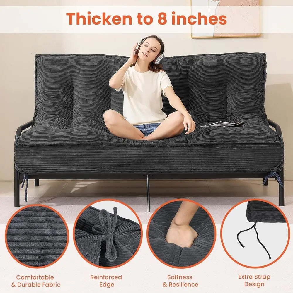 8 Inch Sleeper Couch Bed with Shredded Foam Mattress and Storage Straps for Living Room, Corduroy (Cover Not Included)