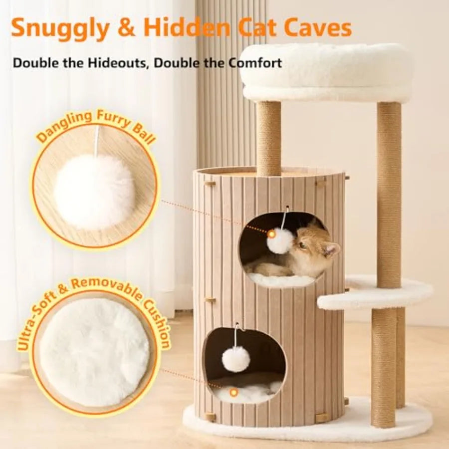 Modern Cat Tree for Indoor Cats Large Adult, 36in H Cat Tree Tower with Scratching Posts, Cozy Cat Bed Cave, Washable Cushions,
