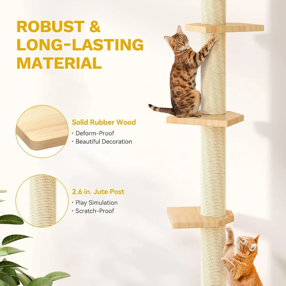Solid Wood Cat Wall Shelves, Floor to Ceiling Cat Tower with Scratching Posts, Climbing Furniture for Large Cats, Steps, Runway, Scratching Board
