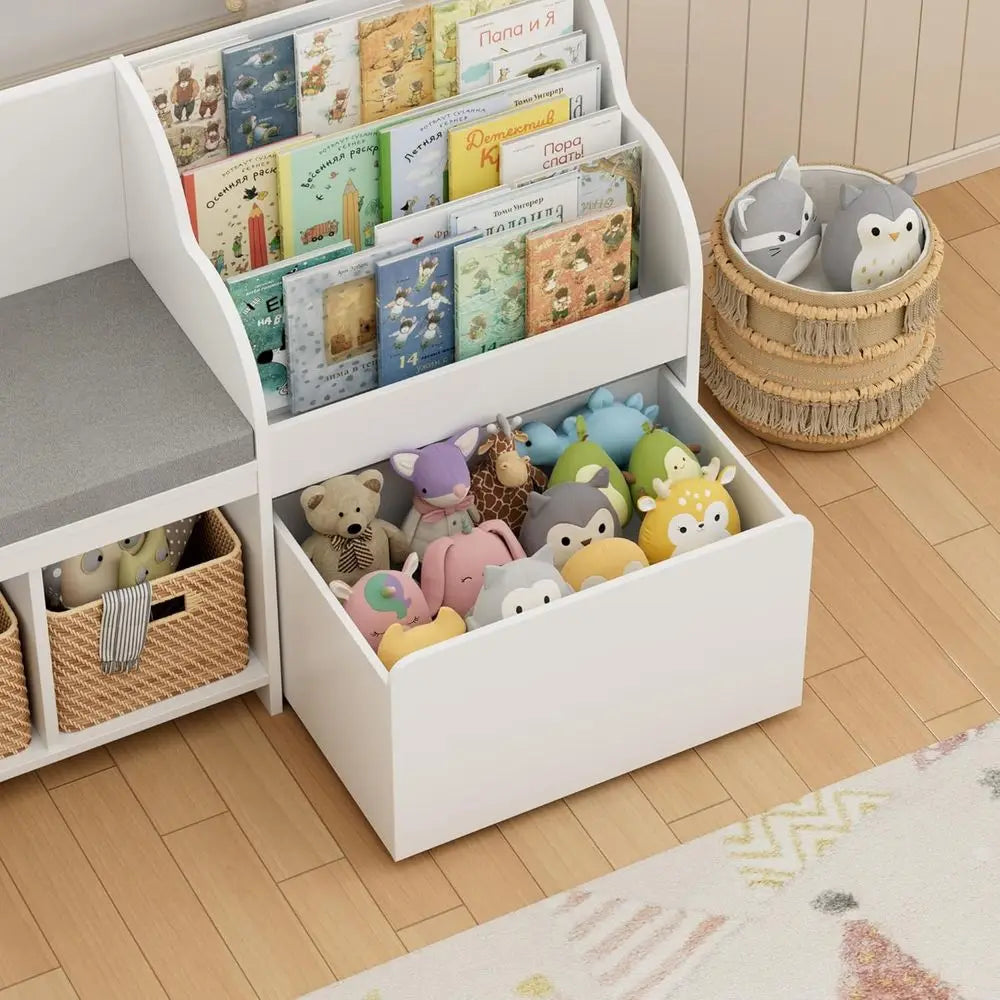67 White Kids Reading Corner with Storage, Large Bookshelf and Toy Box on Wheels, Playroom Organizer with Bench and 6 Cubbies