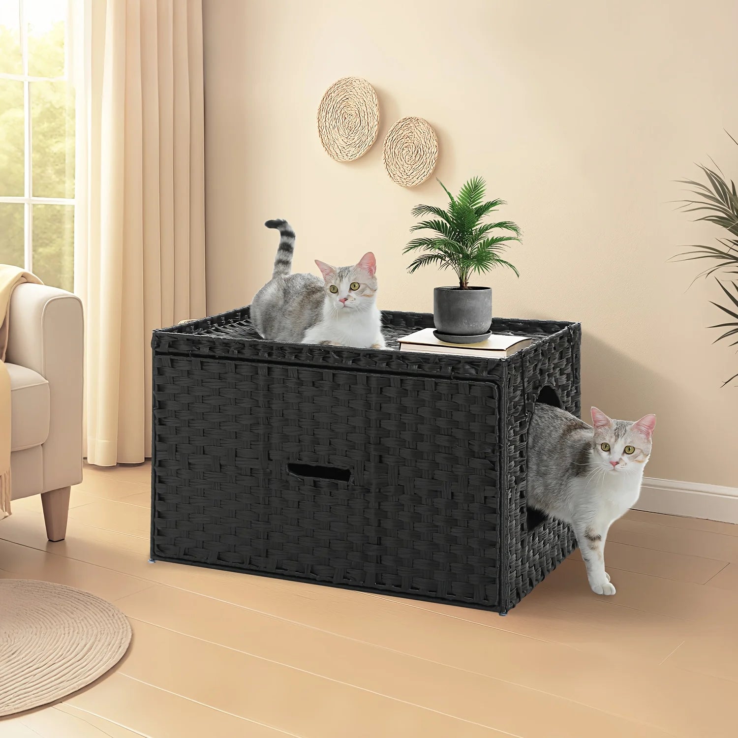 Large Hidden Litter Box Cat House Cabinet for Indoor Cats - Multi-Functional Pet Furniture with Raised Door & Cushion Lip, Handwoven Rattan Design, Easy-Clean Durable Frame, Modern Home Decor in Gray/Black/Beige/Brown - Spaci