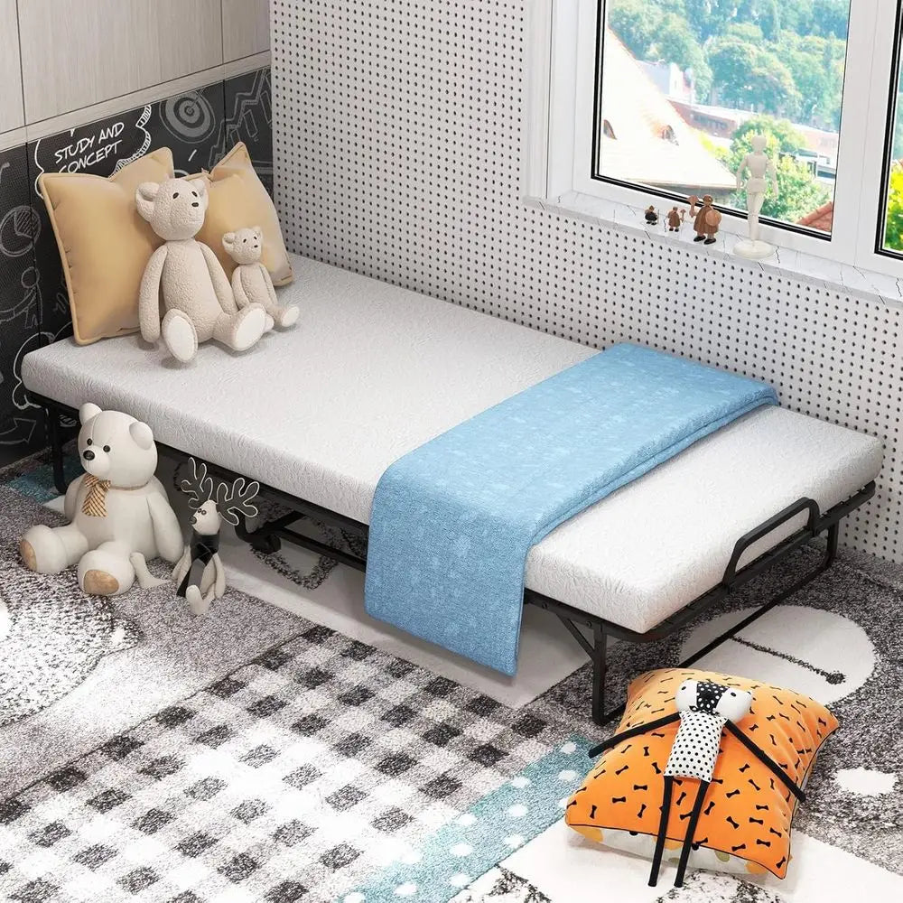 Twin Size Memory Foam Mattress with Sturdy Metal Frame, Portable Rollaway Bed for Adults & Kids, Ideal for Home or Office