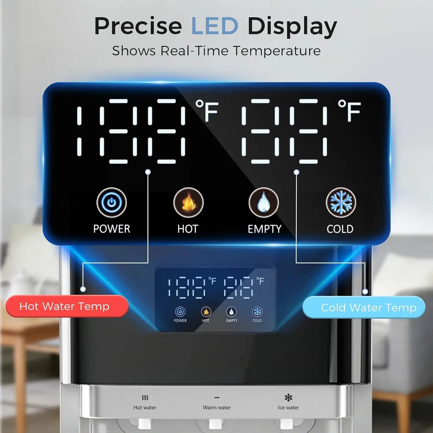 Bottom Loading Water Cooler Dispenser for 3 & 5 Gallon Bottles, Hot, Cold & Room Water, LED Display, Safety Lock