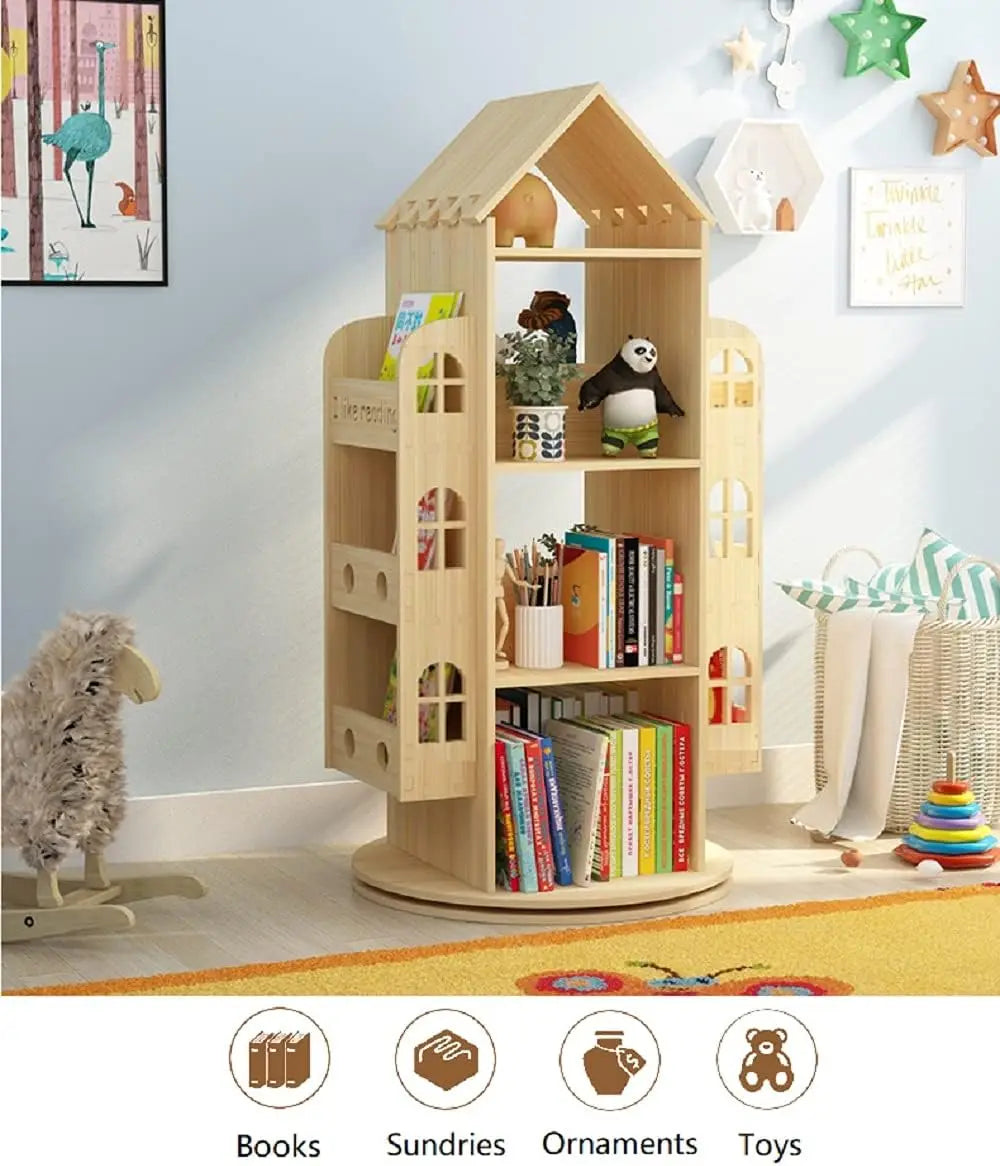 360° Rotating Bookshelf for Kids, Floor Standing Display Rack, Natural Pine Wood