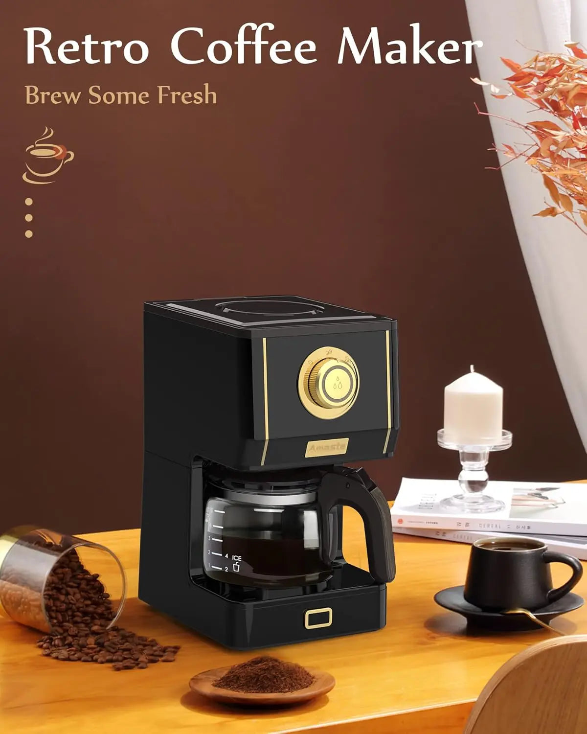 Coffee Maker, 25 Oz Drip Retro Style Coffee Machine with Glass Coffee Pot with Reusable Coffee Filter & Three Brewing Modes,
