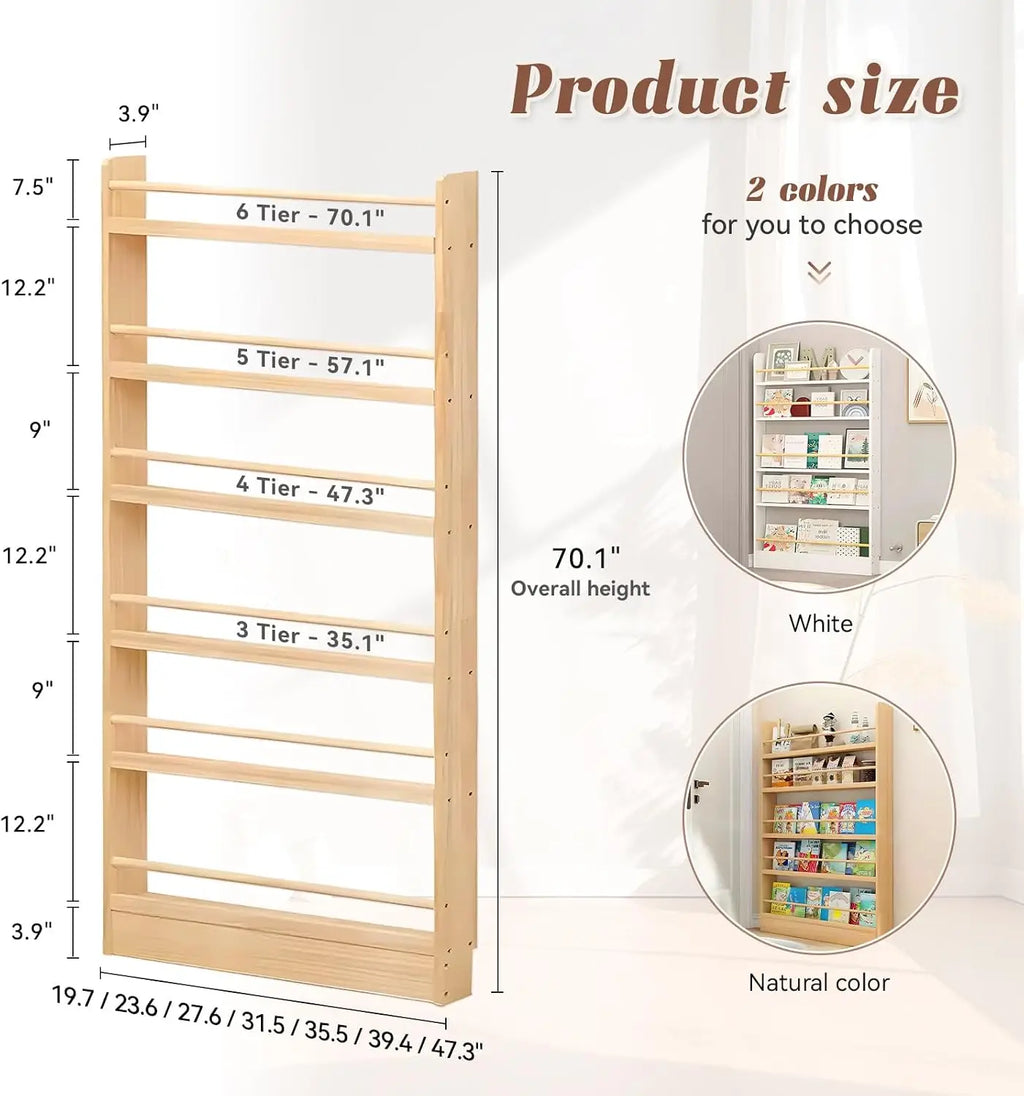 6-Tier Behind Door Bookshelf, Slim Wooden Bookcase for Kids, Space-Saving Storage for Toys & Books, 3.9" Deep