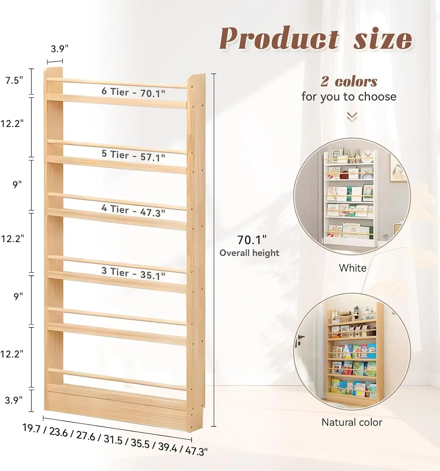 6-Tier Behind Door Bookshelf, Slim Wooden Bookcase for Kids, Space-Saving Storage for Toys & Books, 3.9" Deep