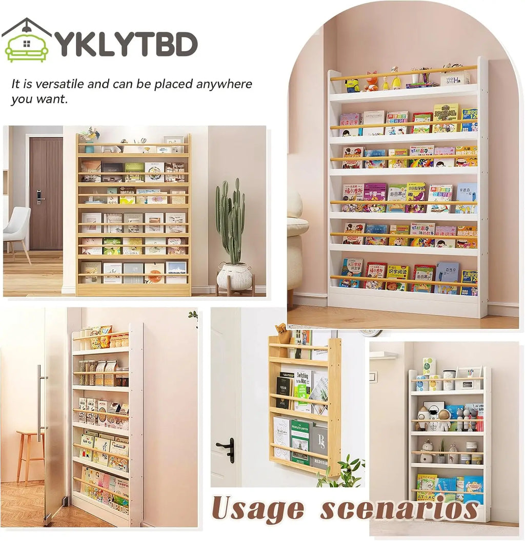 6-Tier Behind Door Bookshelf, Slim Wooden Bookcase for Kids, Space-Saving Storage for Toys & Books, 3.9" Deep