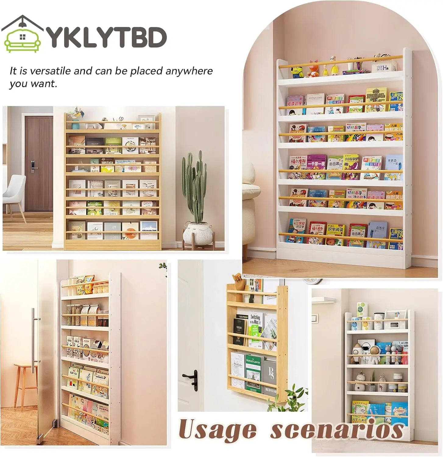 6-Tier Behind Door Bookshelf, Slim Wooden Bookcase for Kids, Space-Saving Storage for Toys & Books, 3.9" Deep