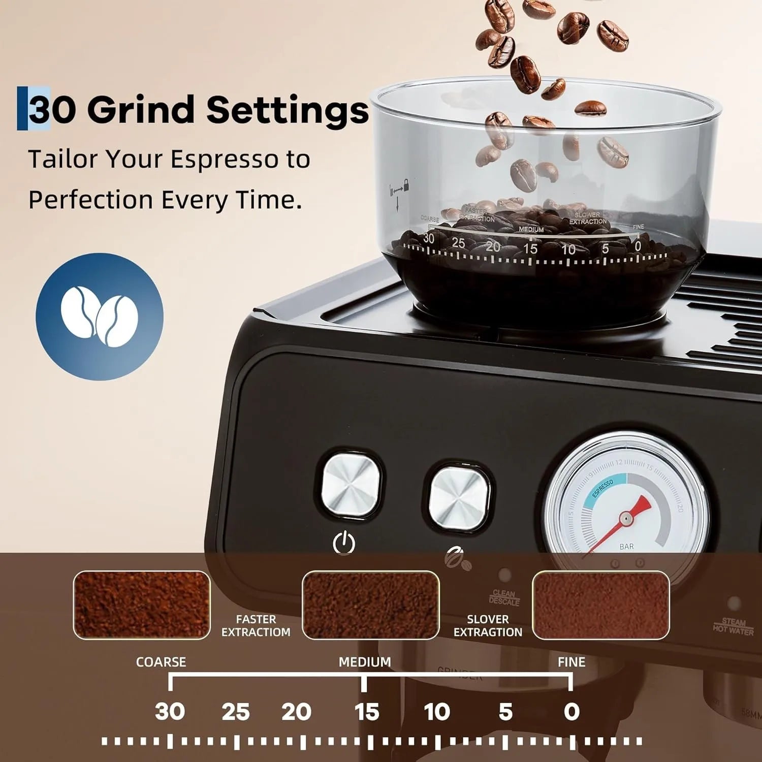Stainless Steel Espresso Machine with Grinder 20 Bar ＆ 2.8l Removable Tank