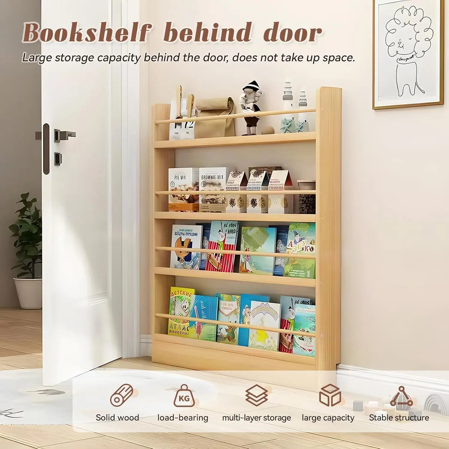 6-Tier Behind Door Bookshelf, Slim Wooden Bookcase for Kids, Space-Saving Storage for Toys & Books, 3.9" Deep