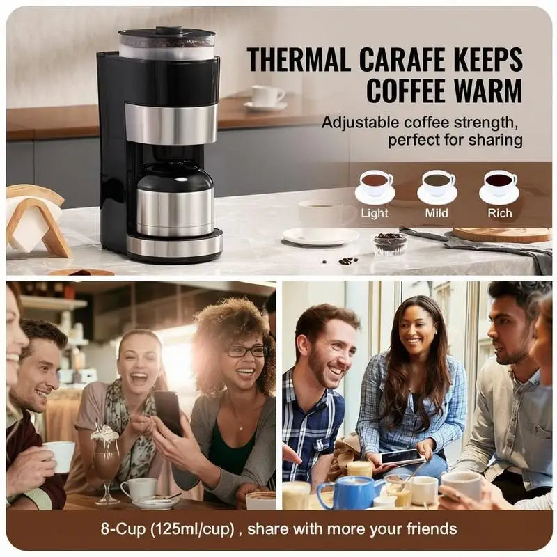Coffee Maker with Grinder, 8 Cup Programmable Coffee Machine, Grind and Brew Coffee Maker with 24-Hour Timer for Auto Brew, Reusable Filter, for Home Office Restaurant