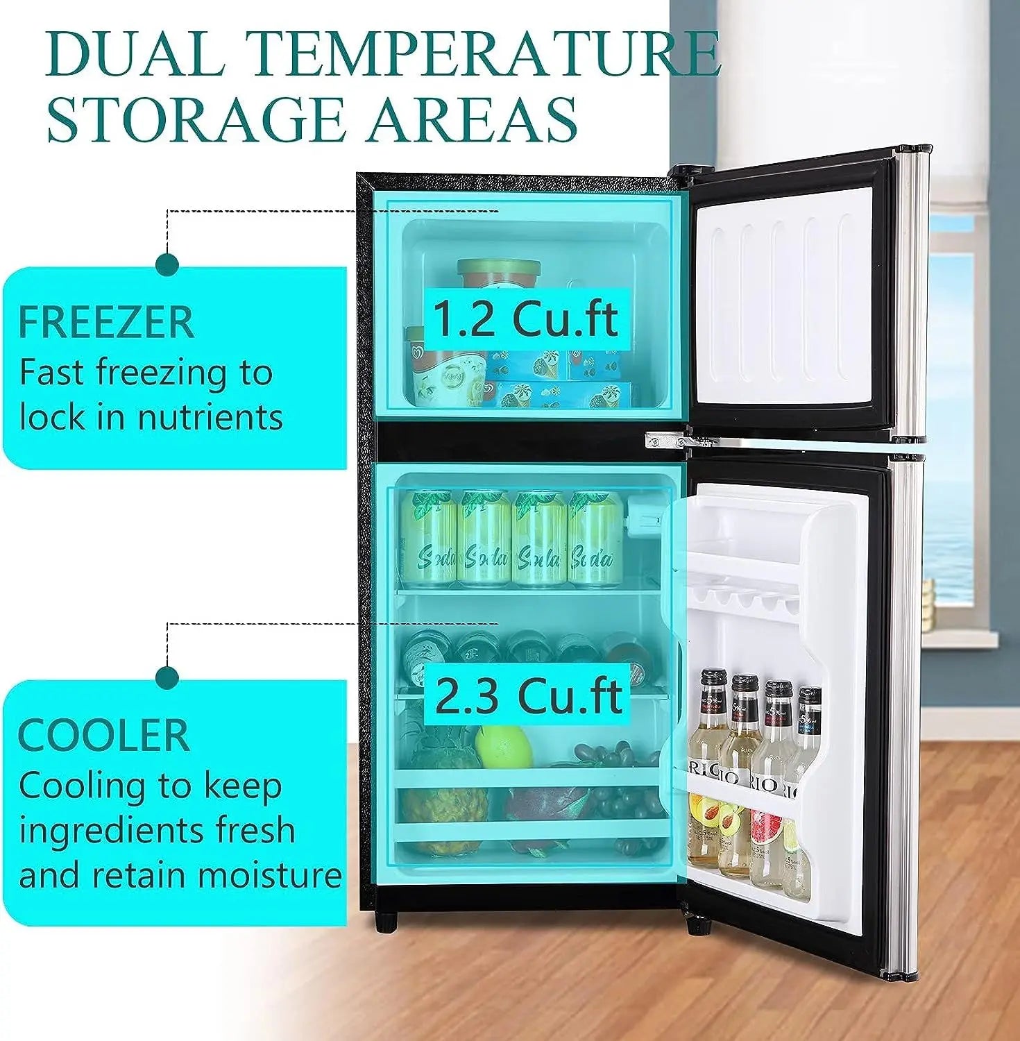 3.5Cu.Ft Compact Refrigerator Mini Fridge with Freezer, Small Refrigerator with 2 Door, 7 Level Thermostat Removable Shelves for Kitchen, Dorm, Apartment, Bar, Office, Silver