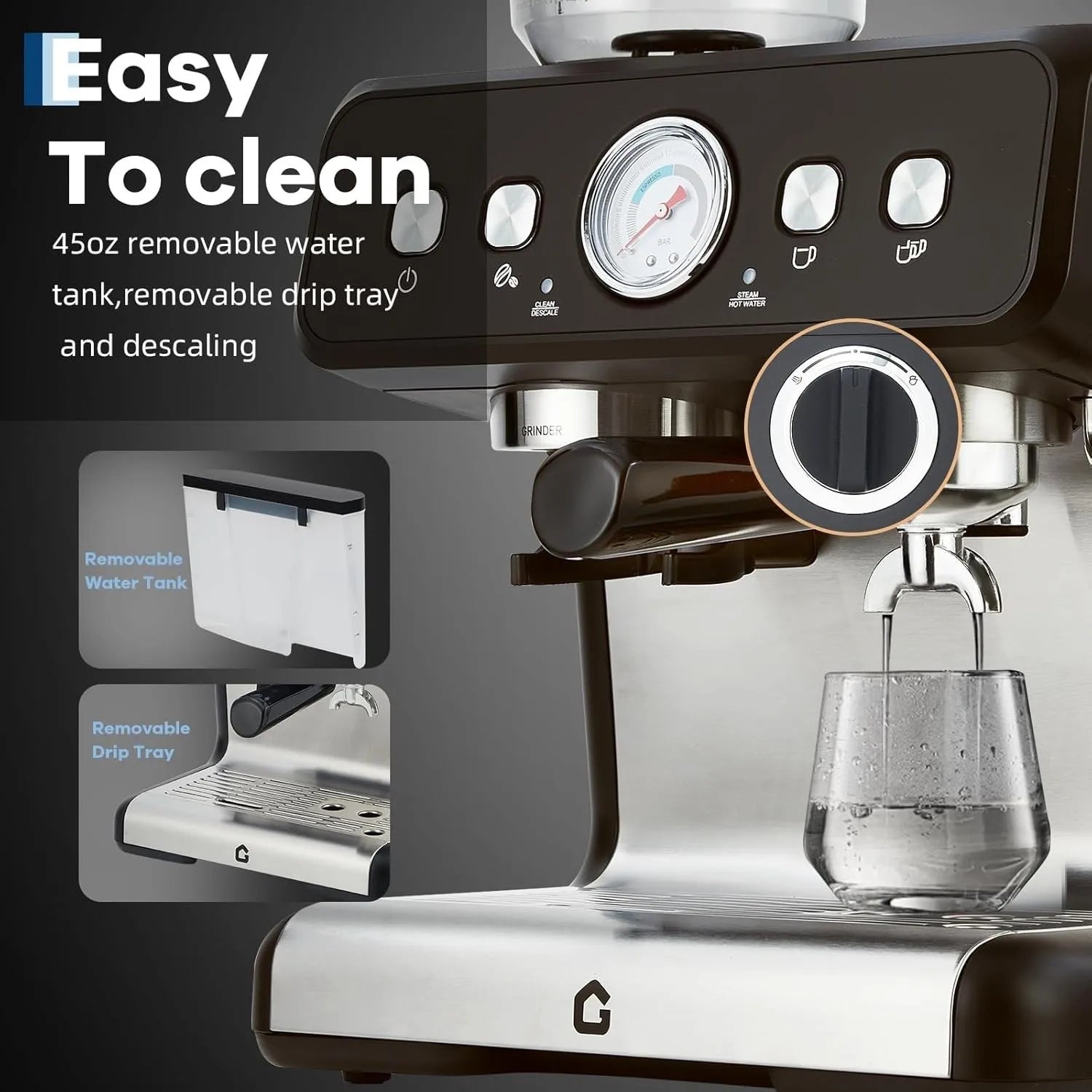 Stainless Steel Espresso Machine with Grinder 20 Bar ＆ 2.8l Removable Tank