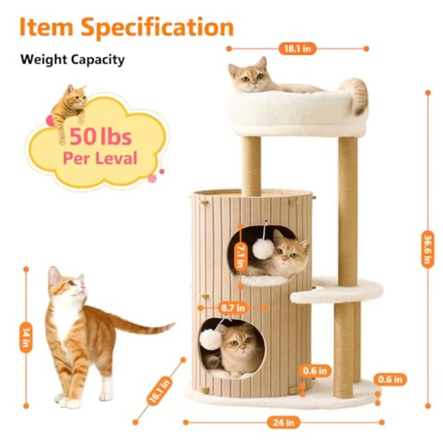 Modern Cat Tree for Indoor Cats Large Adult, 36in H Cat Tree Tower with Scratching Posts, Cozy Cat Bed Cave, Washable Cushions,