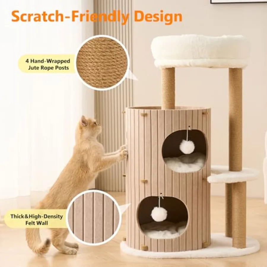 Modern Cat Tree for Indoor Cats Large Adult, 36in H Cat Tree Tower with Scratching Posts, Cozy Cat Bed Cave, Washable Cushions,