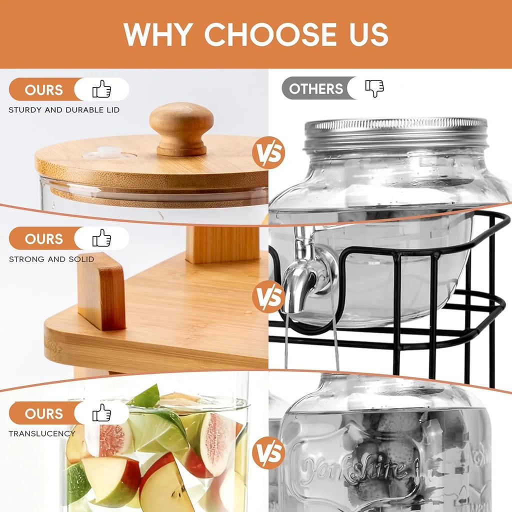 2 Pack 2 Gallon Glass Drink Dispenser with Wood Stand for Parties, Beverage Dispenser with Spigot for Lemonade, Iced Tea, Juice