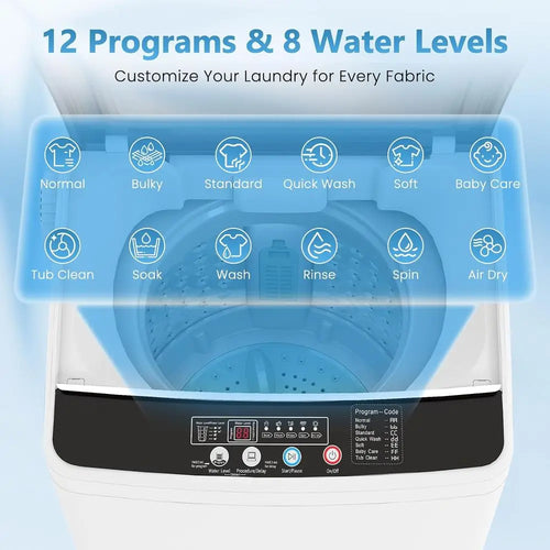 3.0 Cu. Ft. Fully Automatic Washer with Drain Pump, 12 Programs, 8 Water Levels, Large Laundry Combo for Home