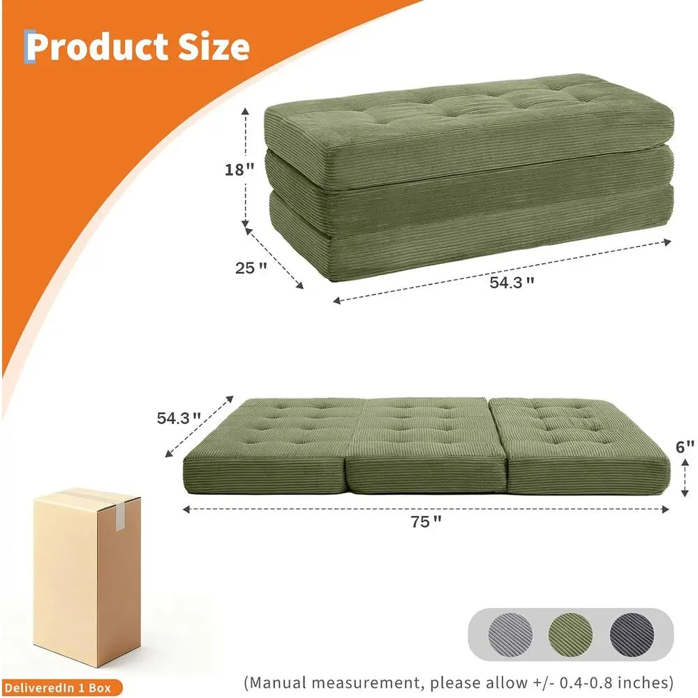6 Inch Thick Corduroy Twin Size Floor Mattress for Bedrooms, RVs, and Camping (Green, 54.3x75)