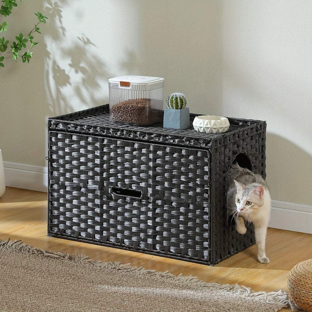 Large Hidden Litter Box Cat House Cabinet for Indoor Cats - Multi-Functional Pet Furniture with Raised Door & Cushion Lip, Handwoven Rattan Design, Easy-Clean Durable Frame, Modern Home Decor in Gray/Black/Beige/Brown - Spaci
