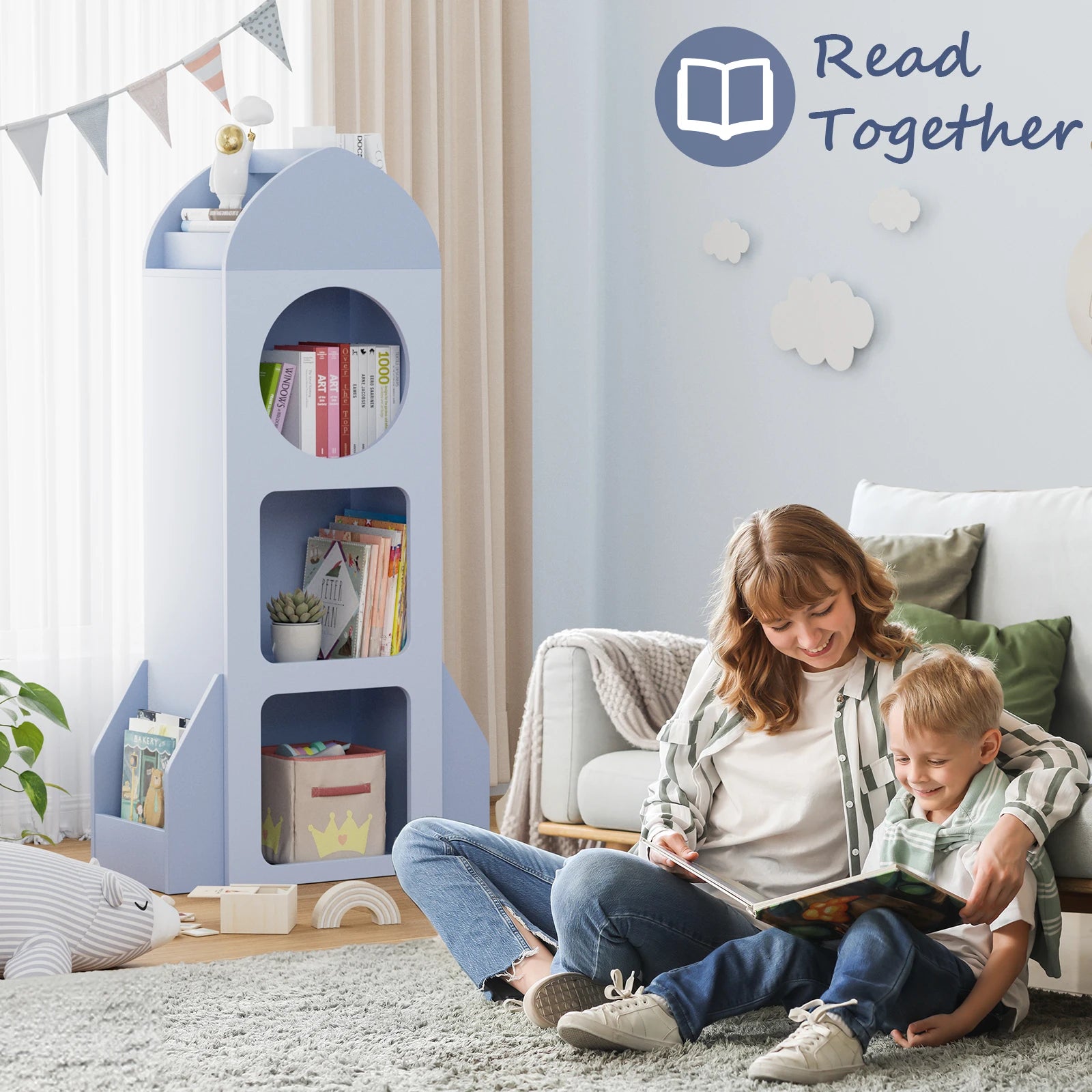 Kids Bookshelf & Toy Storage, 3-Tier Rocket Baby Book Shelf Side shelves, Wood Open Toddler Bookcase, Spacious Display Organizer