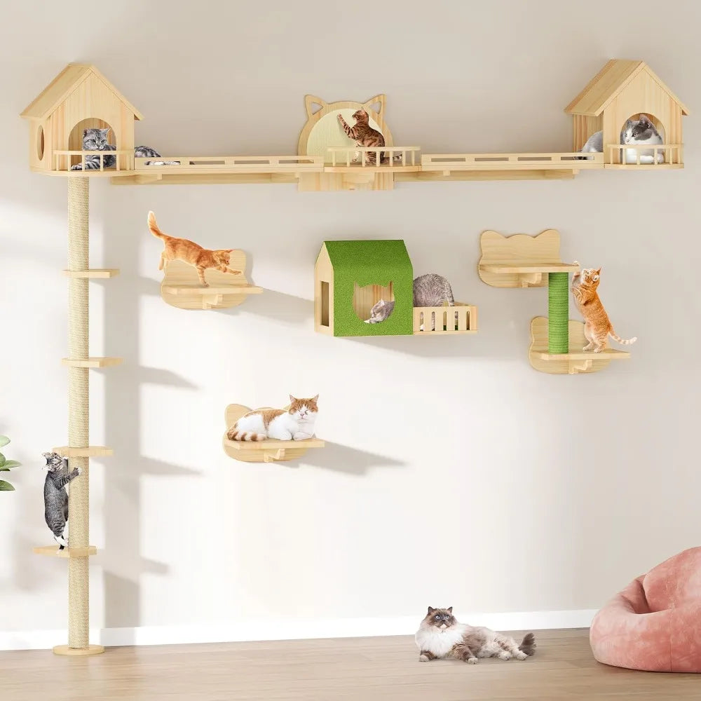Solid Wood Cat Wall Shelves, Floor to Ceiling Cat Tower with Scratching Posts, Climbing Furniture for Large Cats, Steps, Runway, Scratching Board
