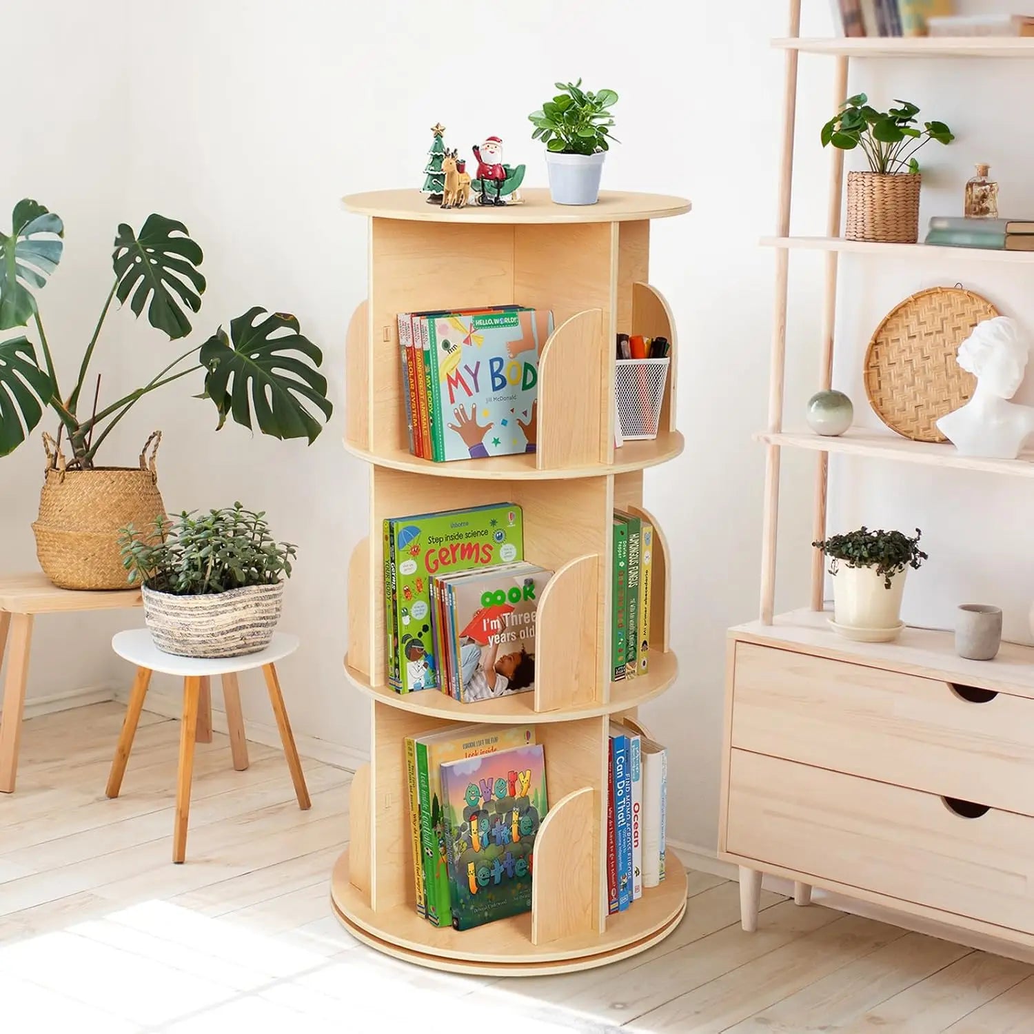 3-Tier Rotating Bookshelf Tower for Kids, 360° Spinning Book Display, Space-Saving Storage for Small Rooms