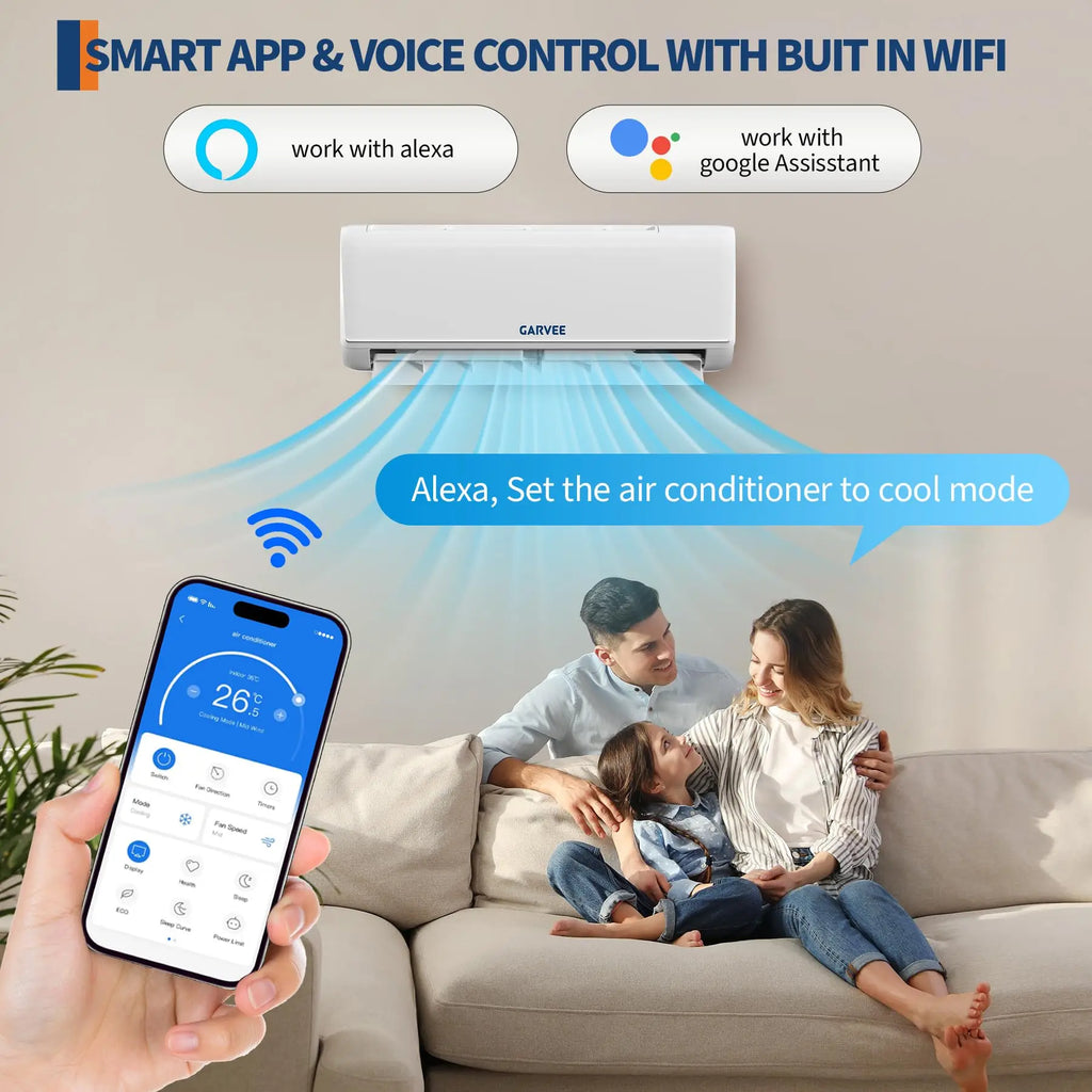 Mini Split AC & Heat Pump 9000 BTU 208/230V, 18.5 SEER2 WiFi, Compatible With Alexa Google Home, 28dB Quiet For 450 Sq.Ft