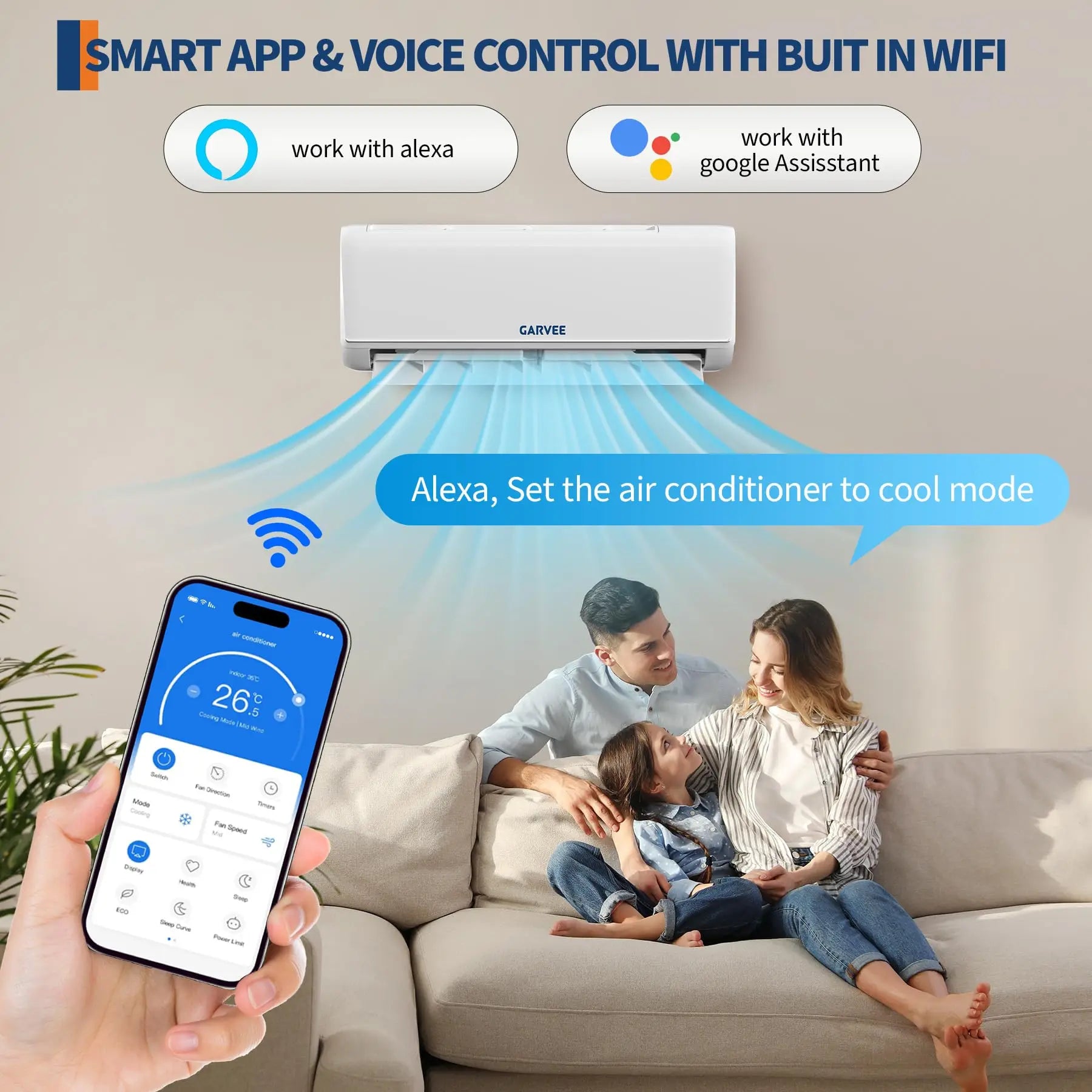 Mini Split AC & Heat Pump 9000 BTU 208/230V, 18.5 SEER2 WiFi, Compatible With Alexa Google Home, 28dB Quiet For 450 Sq.Ft