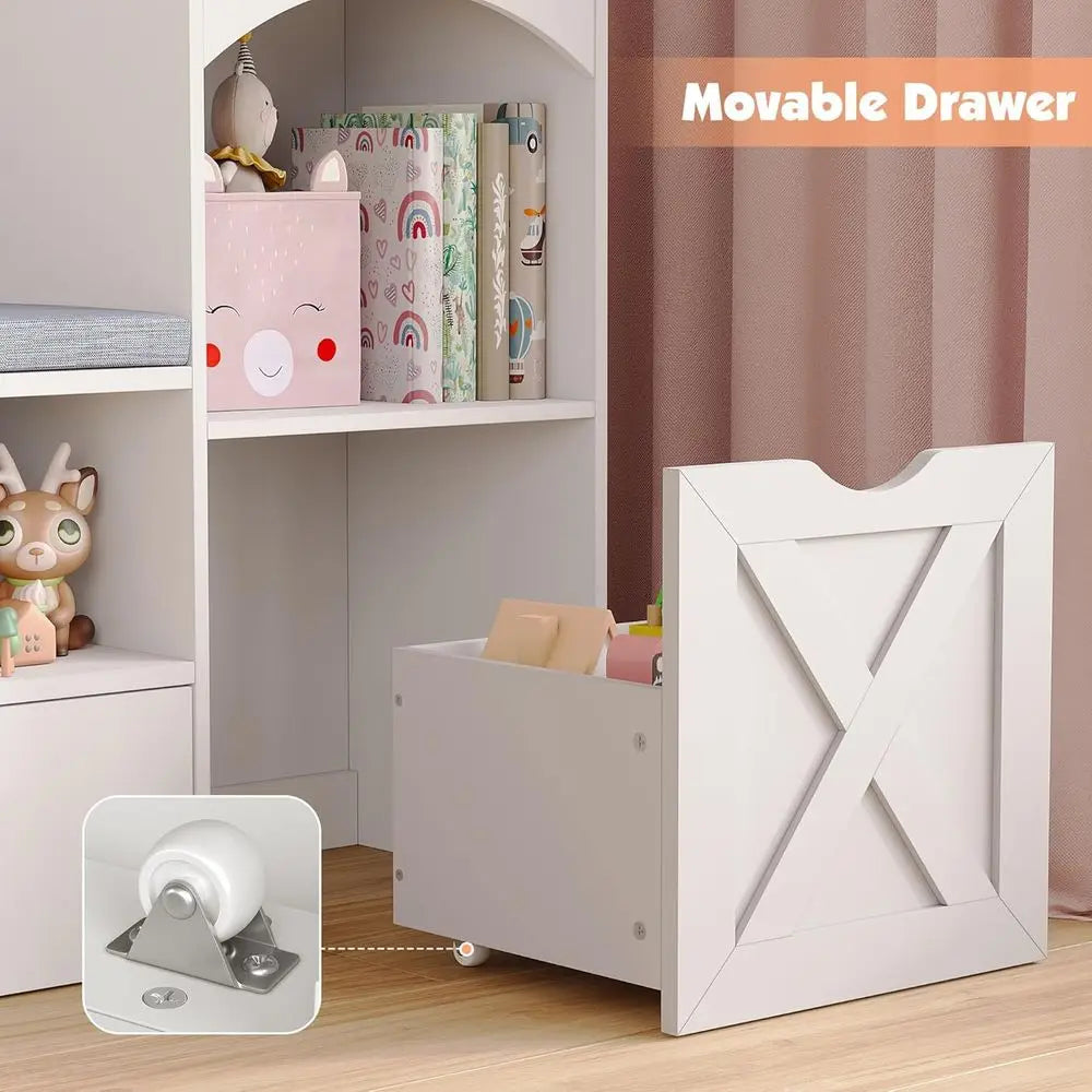 Children's Bookshelf with Reading Nook, Storage Organizer, Seat Cushion, LED Lights, and 3 Moveable Desks, Castle-Style for Play