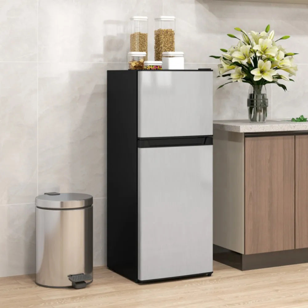 4 Cu.Ft Mini Fridge with Freezer, 2-Door Compact Refrigerator, 115V, 45.1" H, Stainless Steel, for Dorm, Office, Apartment