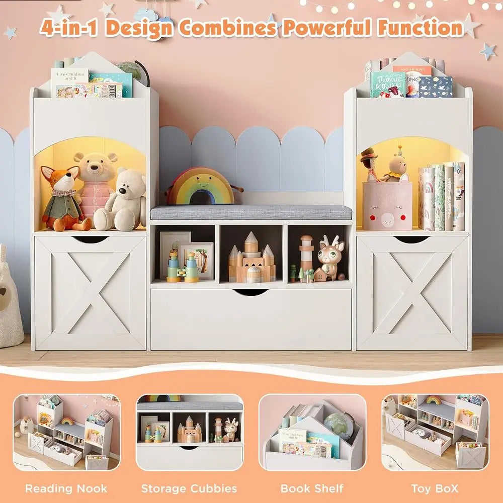 Children's Bookshelf with Reading Nook, Storage Organizer, Seat Cushion, LED Lights, and 3 Moveable Desks, Castle-Style for Play