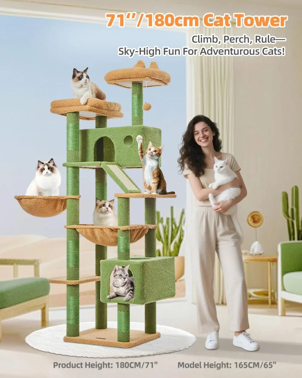 71-Inch Cat Tower for Indoor Cats, Multi-Level Large Cat Condo with 8 Sisal Scratching Posts, Metal Hammock, Scratch Board, 2 Top Perches