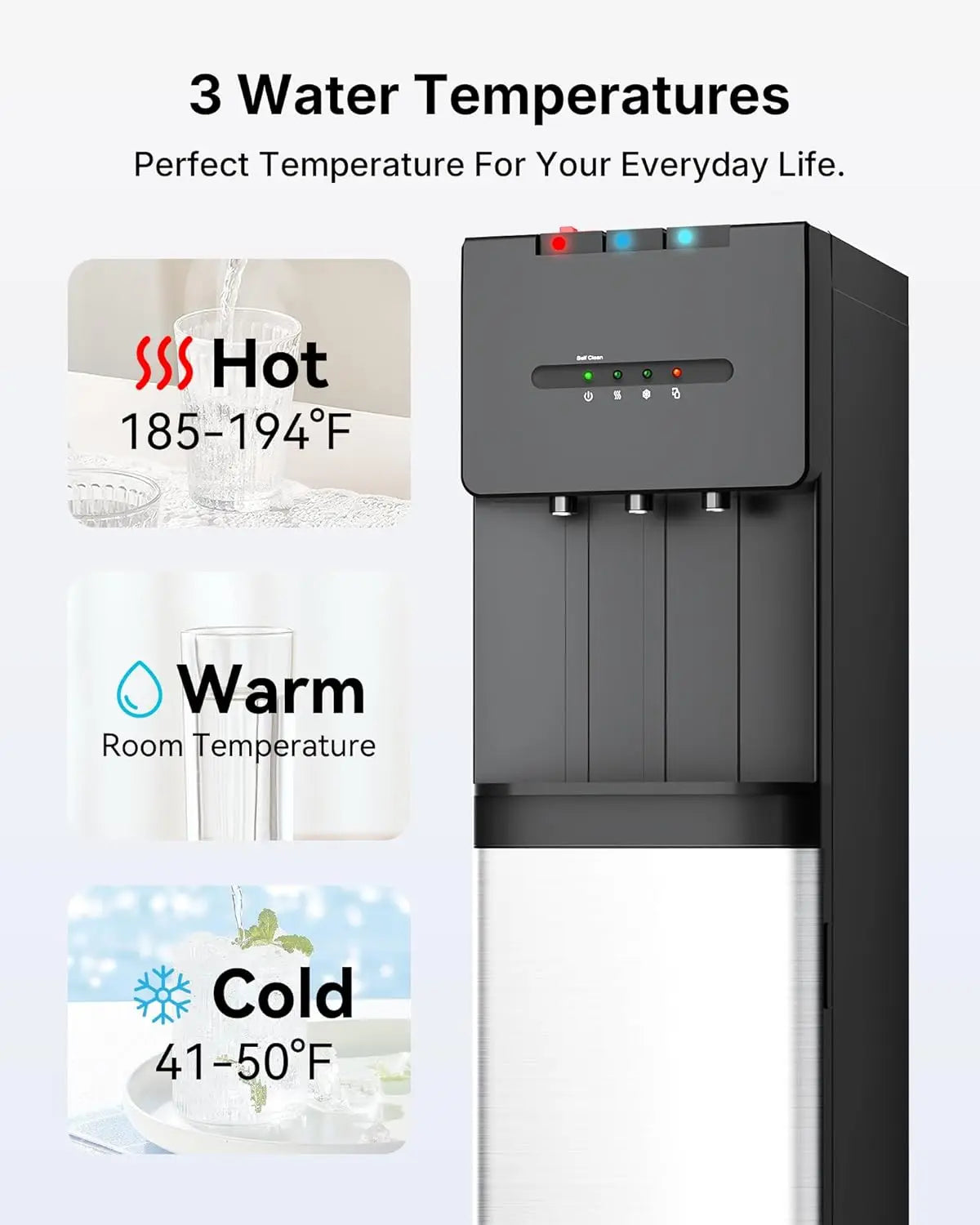 Self Cleaning Water Dispenser, Bottom Loading Water Dispenser for 3 & 5 Gallon Bottles,LED Indicators, Ideal，Black