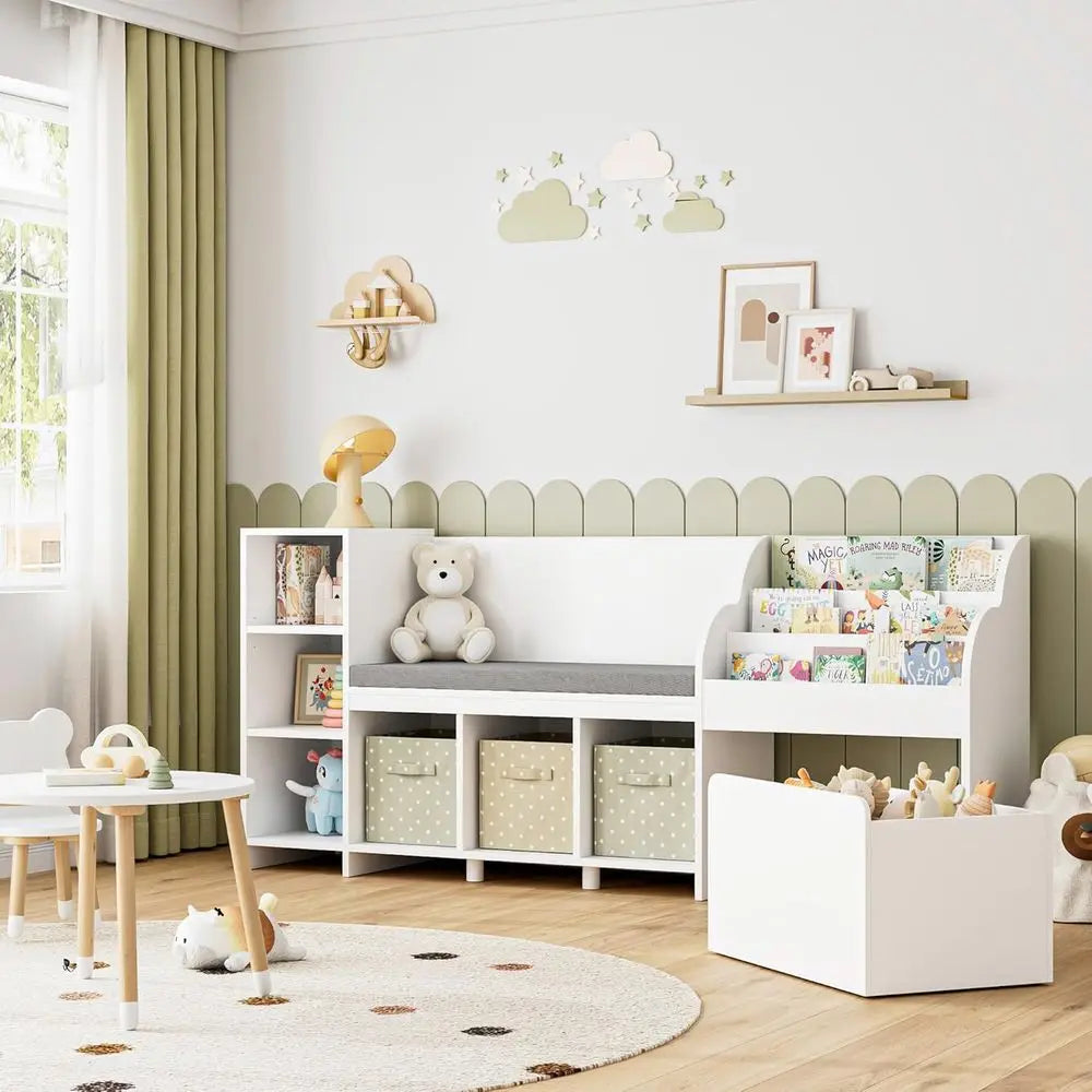 67 White Kids Reading Corner with Storage, Large Bookshelf and Toy Box on Wheels, Playroom Organizer with Bench and 6 Cubbies