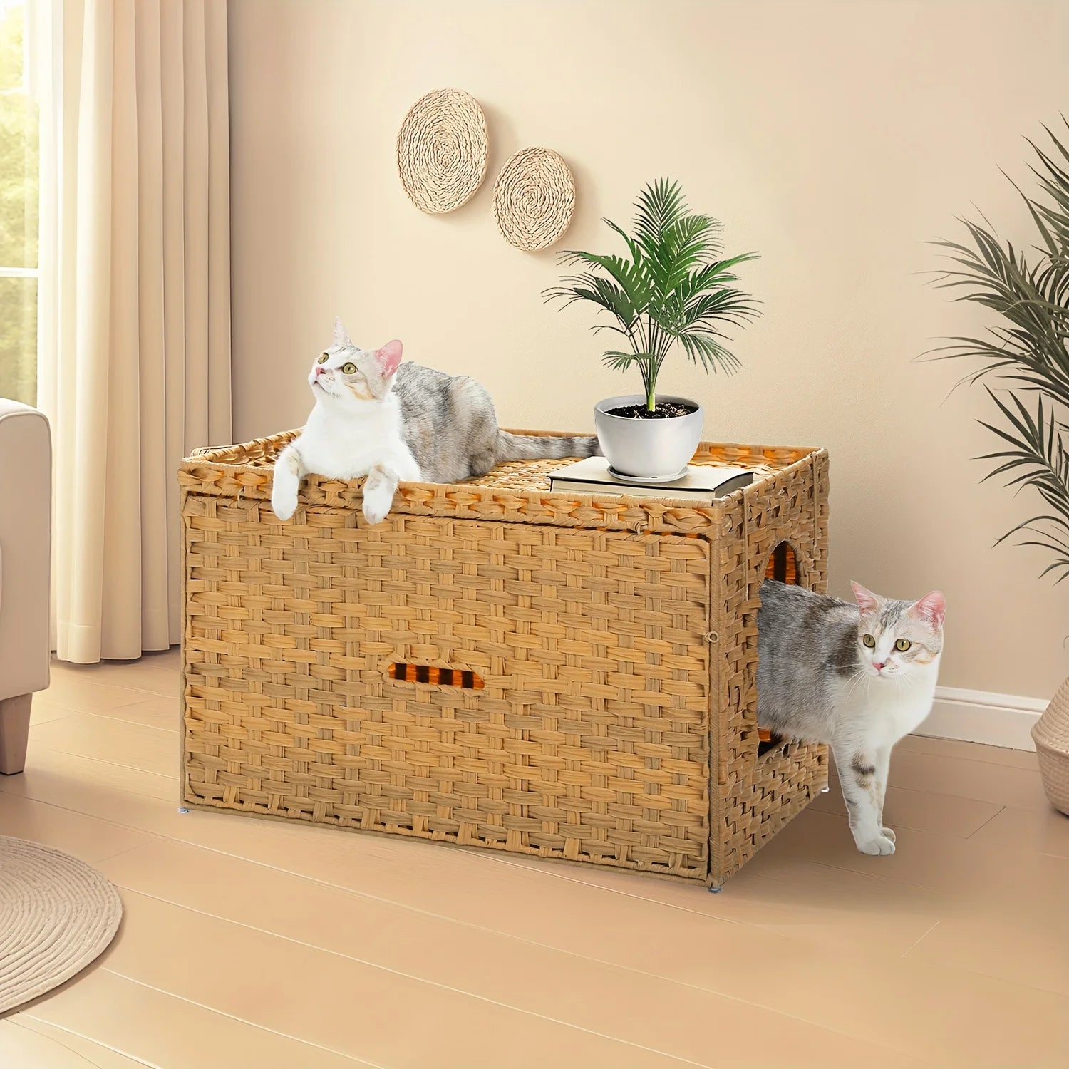 Large Hidden Litter Box Cat House Cabinet for Indoor Cats - Multi-Functional Pet Furniture with Raised Door & Cushion Lip, Handwoven Rattan Design, Easy-Clean Durable Frame, Modern Home Decor in Gray/Black/Beige/Brown - Spaci