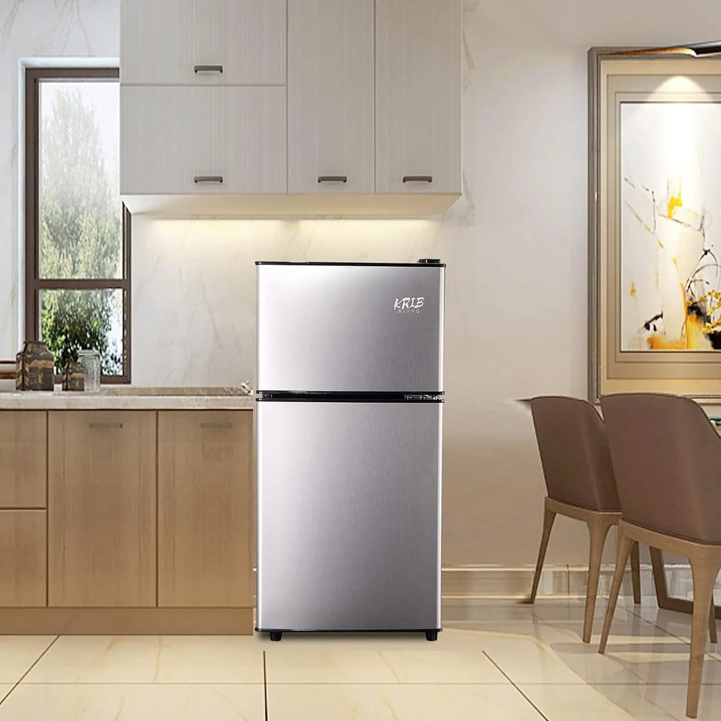 3.5Cu.Ft Compact Refrigerator Mini Fridge with Freezer, Small Refrigerator with 2 Door, 7 Level Thermostat Removable Shelves for Kitchen, Dorm, Apartment, Bar, Office, Silver