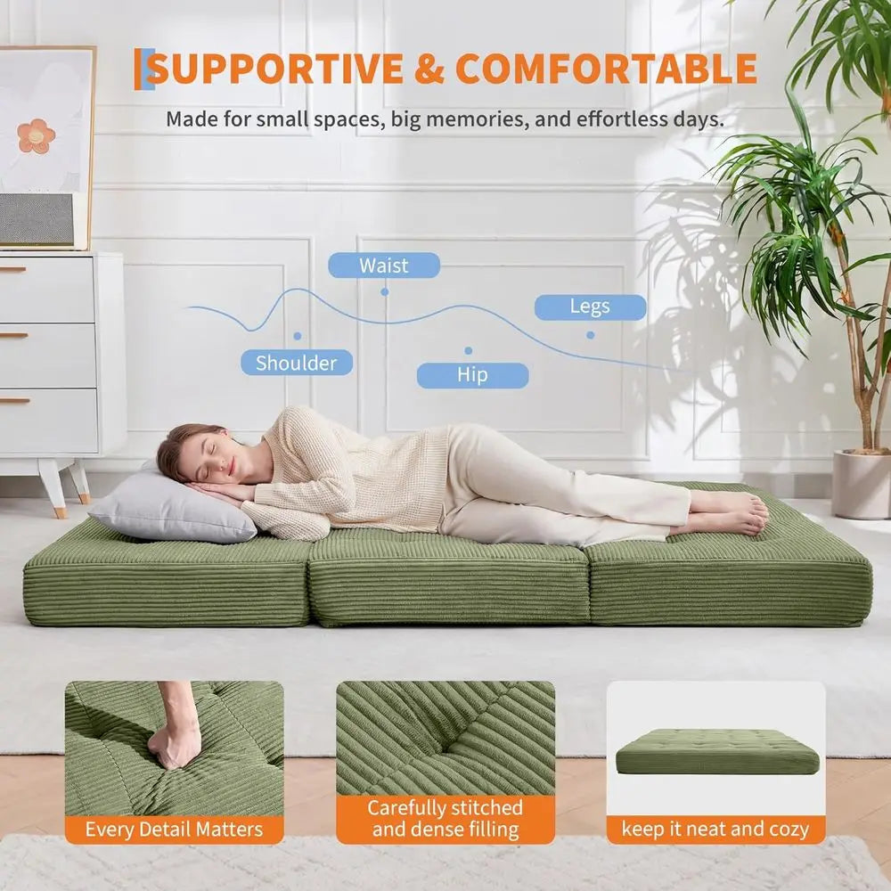 6 Inch Thick Corduroy Twin Size Floor Mattress for Bedrooms, RVs, and Camping (Green, 54.3x75)