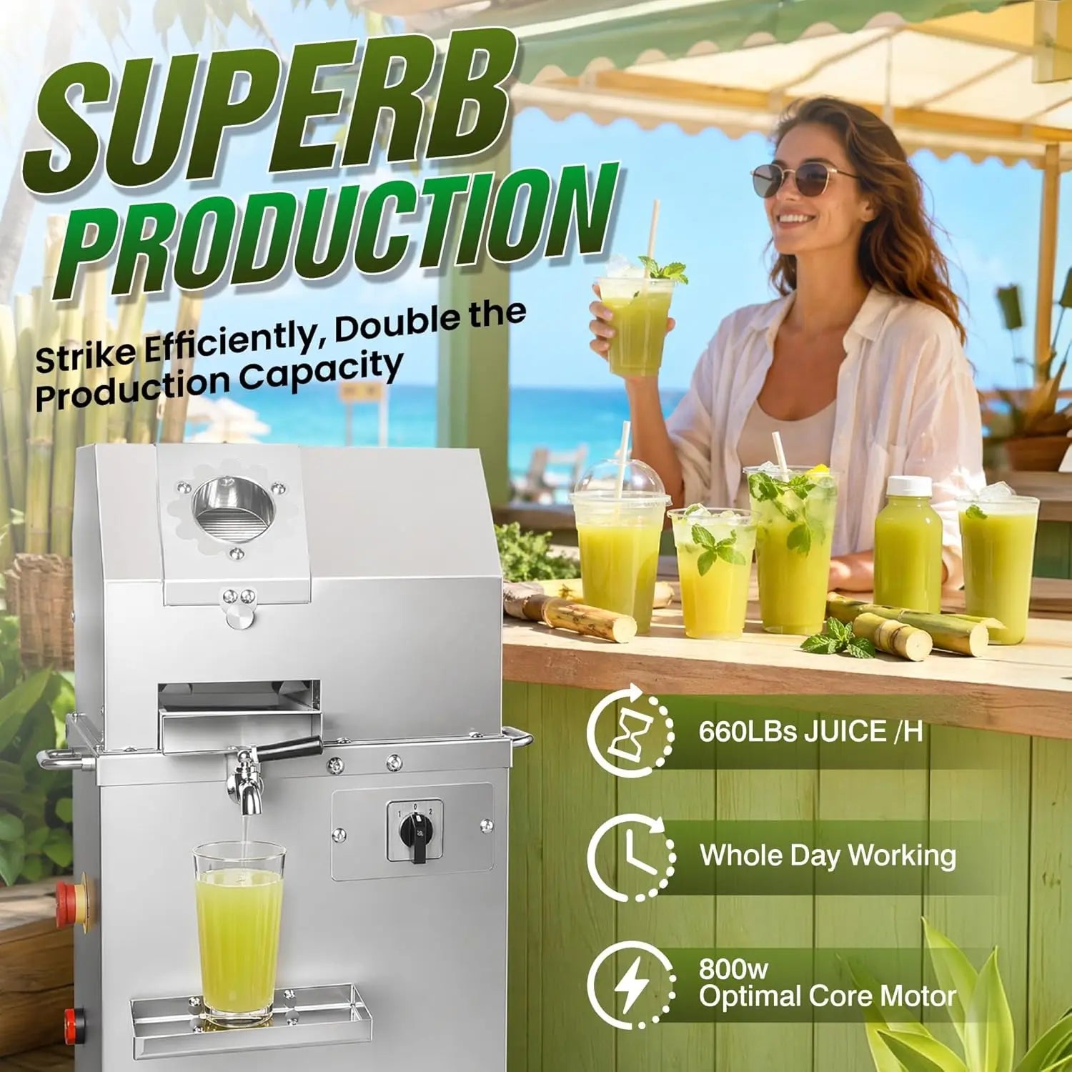 Electric Commercial Sugar Cane Juicer Machine, 800W 110V with 3 Stainless Steel Rollers, Sugar Cane Press Juice Extractor for Ju