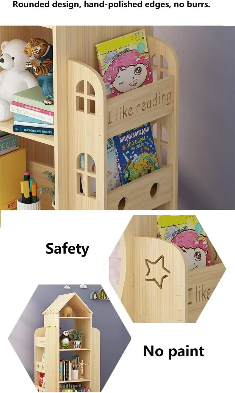 360° Rotating Bookshelf for Kids, Floor Standing Display Rack, Natural Pine Wood
