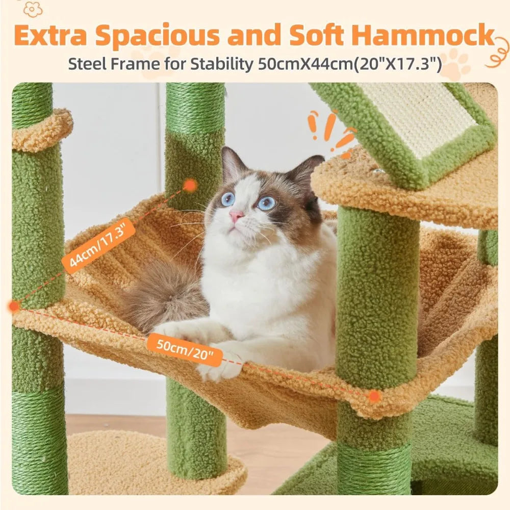 71-Inch Cat Tower for Indoor Cats, Multi-Level Large Cat Condo with 8 Sisal Scratching Posts, Metal Hammock, Scratch Board, 2 Top Perches