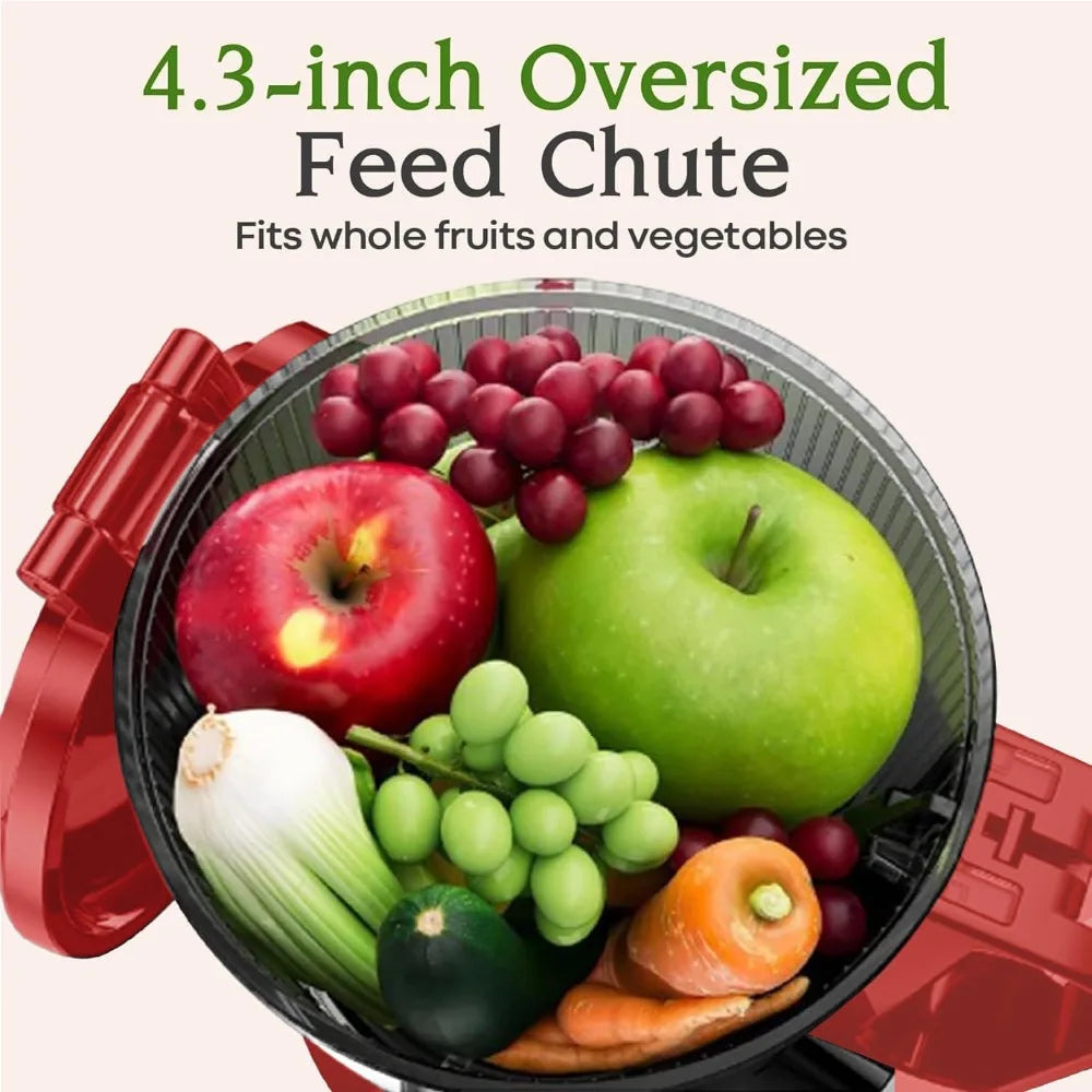 Cold Press Juicer 200W Masticating Slow Juicer 4.3" Large Feed Chute Fit Whole Fruits & Veggies | Upgraded Auger | Tritan Material | BPA Free | Juice Recipes (Red)