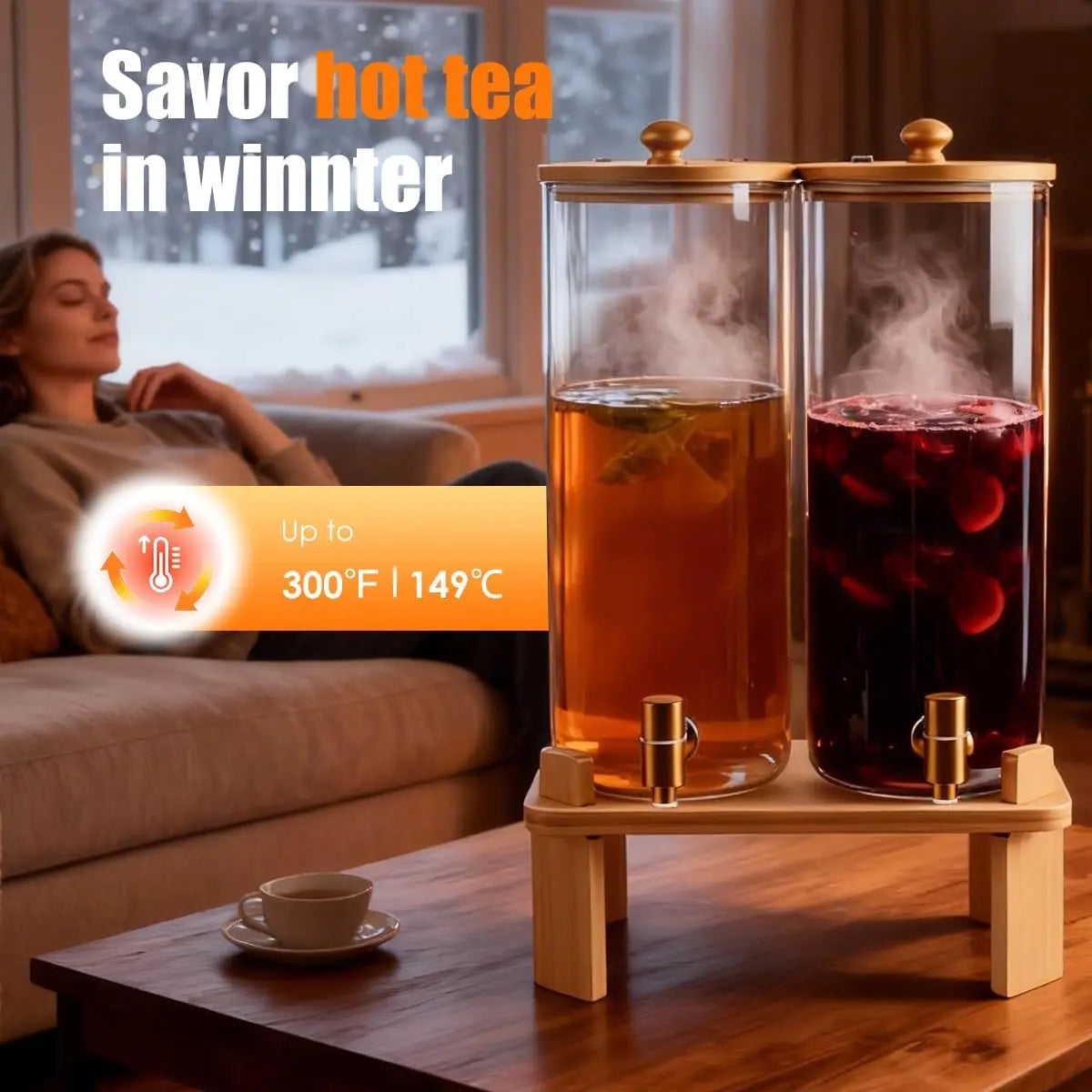 2 Pack 2 Gallon Glass Drink Dispenser with Wood Stand for Parties, Beverage Dispenser with Spigot for Lemonade, Iced Tea, Juice