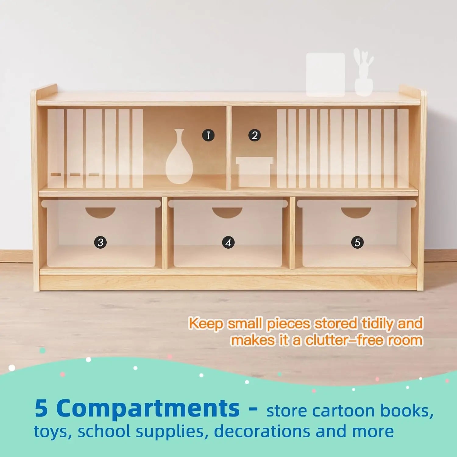 5-Section Wooden Storage Cabinet for Kids, Toy Organizer with 2 Shelves, Classroom and Playroom Shelf